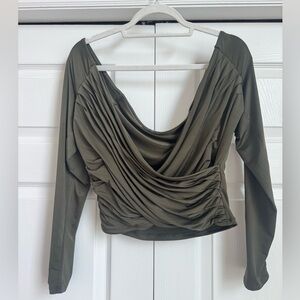 Express body contour olive off the shoulder ruched blouse L